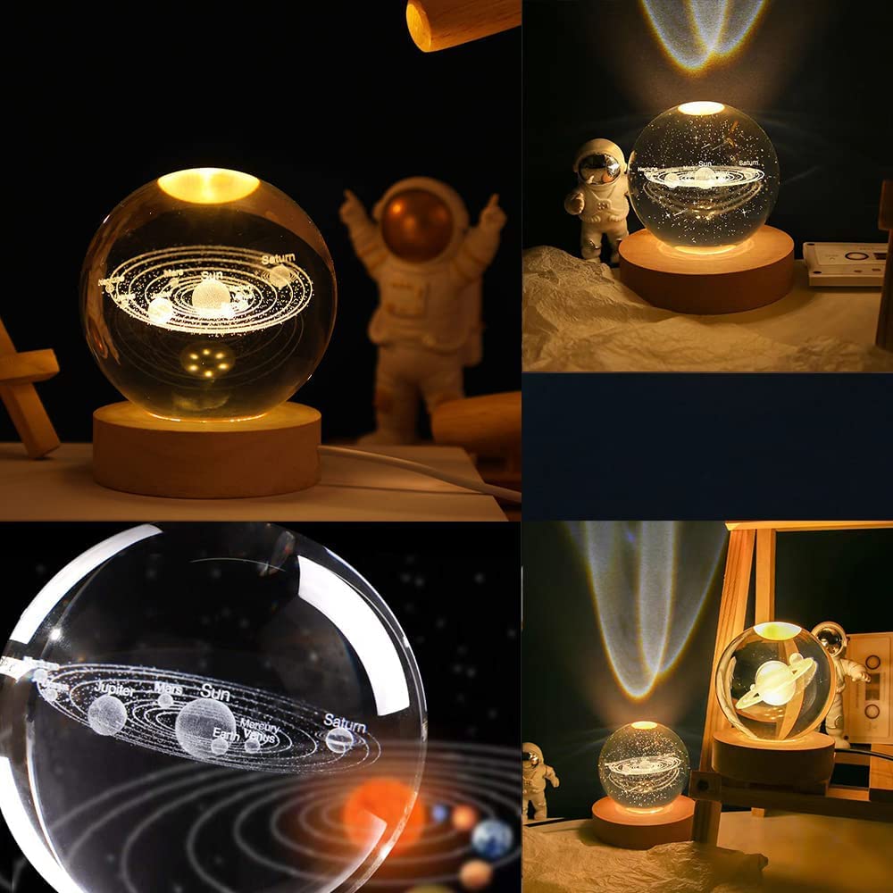LOVEDECOR 3D Crystal Solar System Night Lamp with Wooden Base