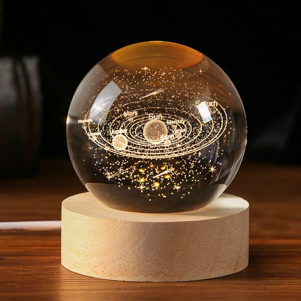 LOVEDECOR 3D Crystal Solar System Night Lamp with Wooden Base