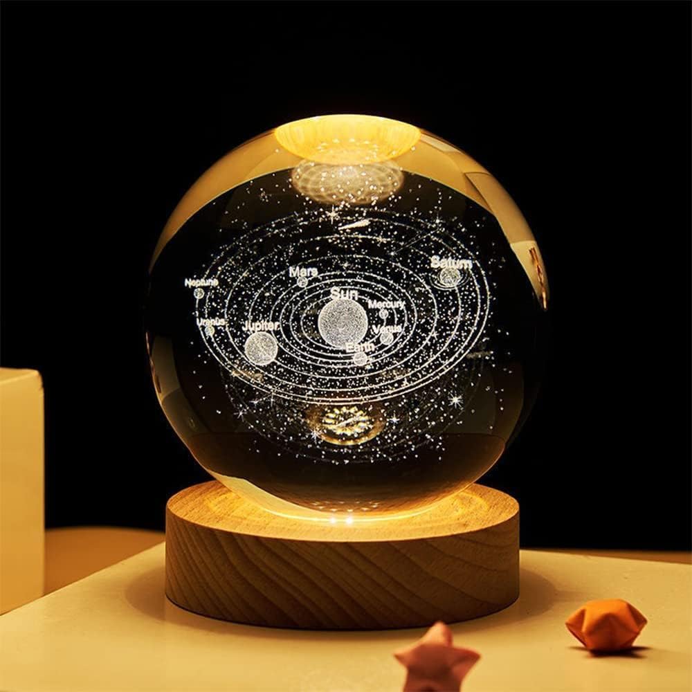 LOVEDECOR 3D Crystal Solar System Night Lamp with Wooden Base